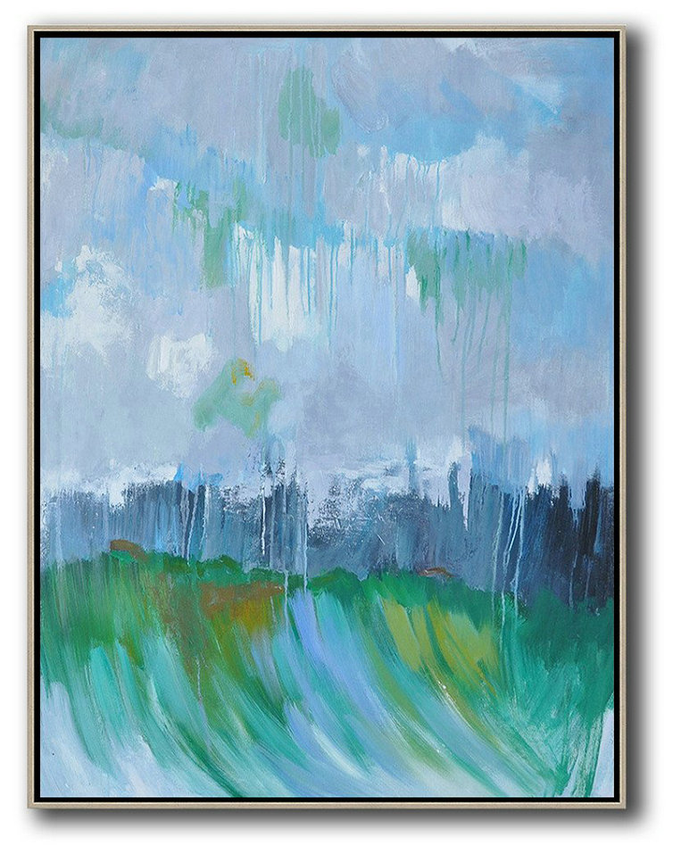 Handmade Extra Large Contemporary Painting,Abstract Landscape Painting,Contemporary Art Canvas Painting,Sky Blue,Purple Grey,Dark Blue,Green